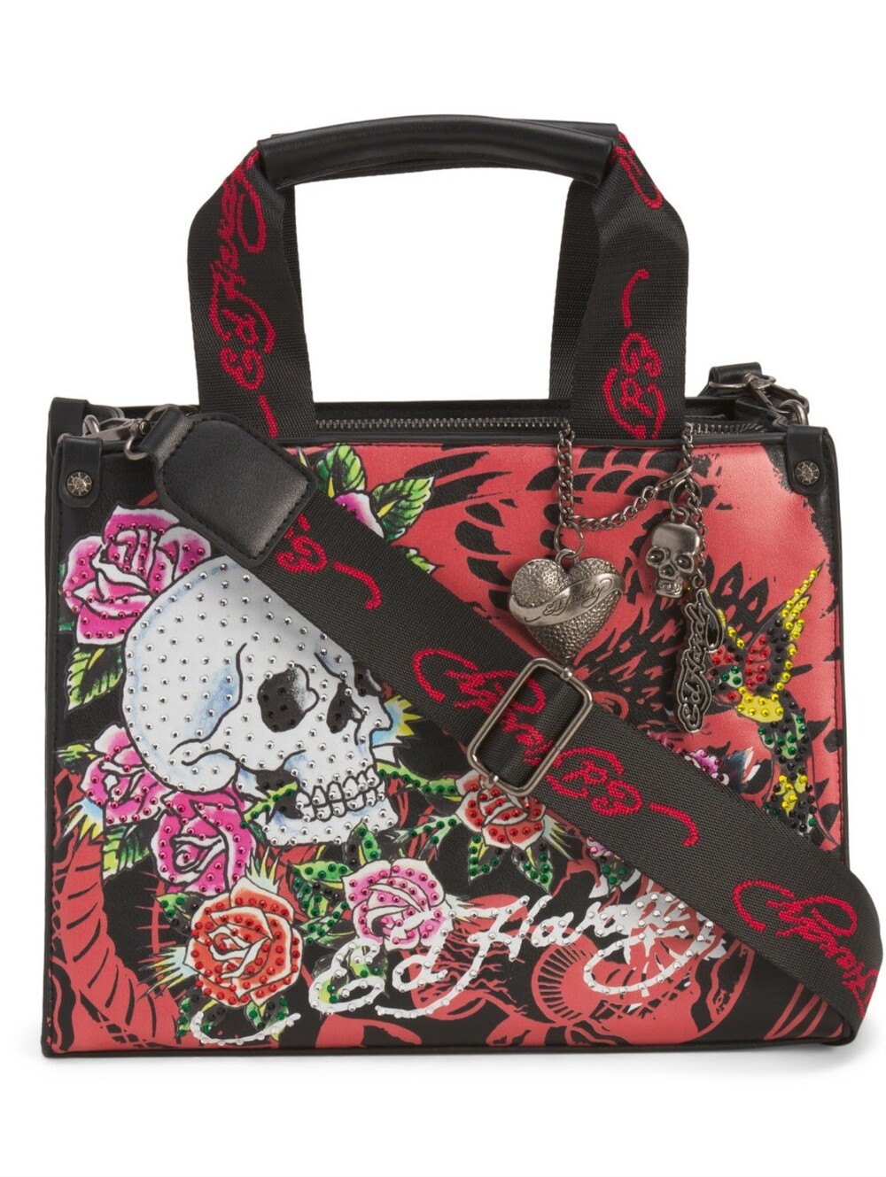 Ed Hardy Red and Black Skull Floral Handbag